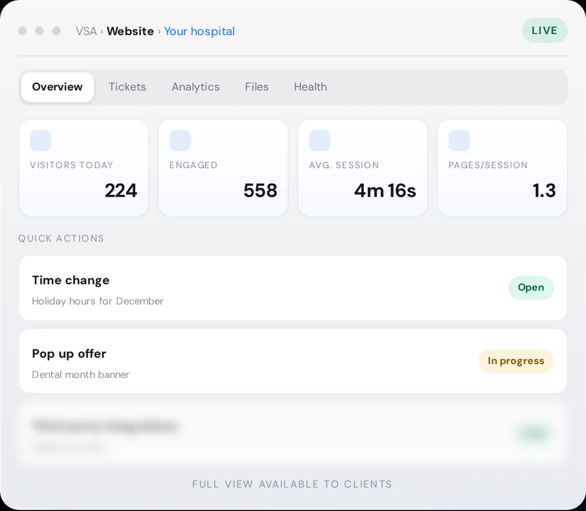 Platform screen: site requests, quick actions and a ticket queue in one view